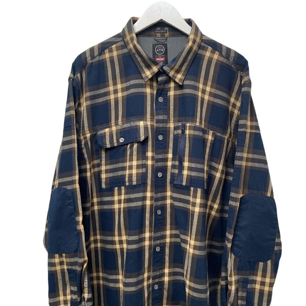 Wrangler ATG™ Men's Plaid Shirt XXL Blue Brown Plaid Button Up Elbow Patch
